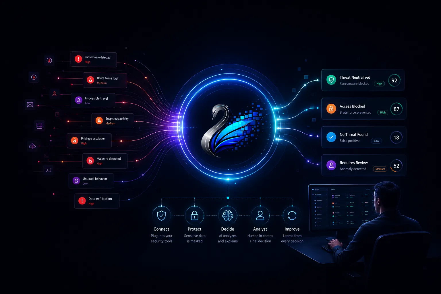 GuardBolt triaging alerts from connected security sources into a confidence-scored, human-reviewed decision